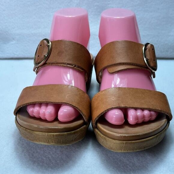 Mariella Wedge Slide Sandals Womens 8 Tan Leather Open Toe Buckle Made In Italy - Picture 1 of 12